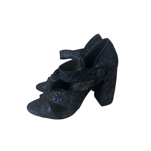 ZARA Blue Black Velvet Block Heels Size 37/ US 6.5 - Picture 1 of 9